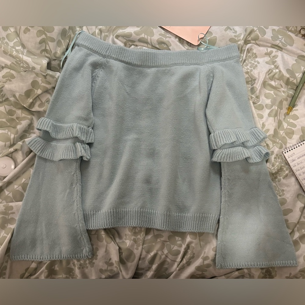 Cozy Light Blue Off The Shoulder Knit Sweater